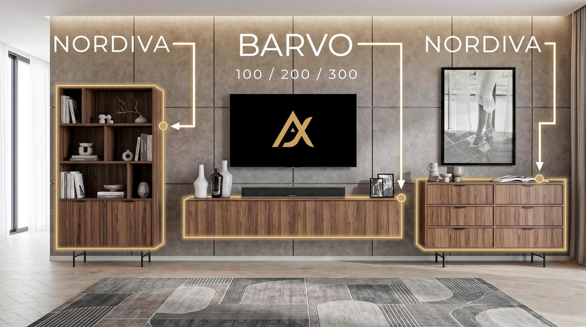 LOWBOARD Barvo 2x100 Nussbaum Warmia 200/36,5/32 cm – hängend oder stehend - Nussbaumfarben, Holzwerkstoff/Kunststoff (200/36.5/32cm) - AX Living