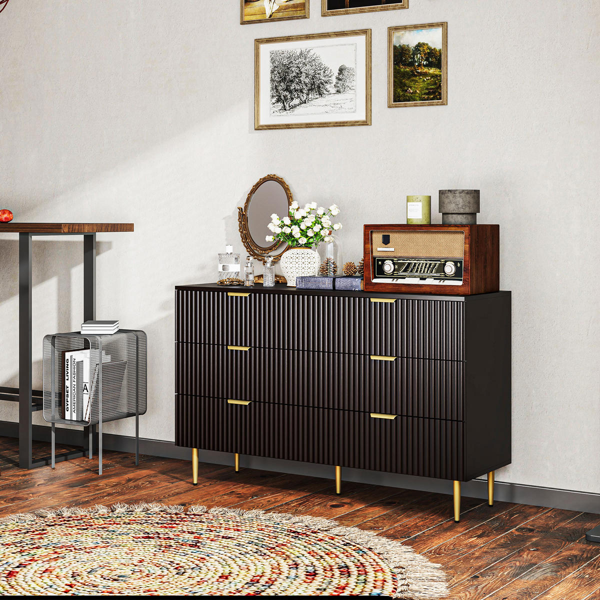 KOMOODE DE-12895 6 Schubladen, goldene Griffe und Füße Schwarz - Schwarz, Holzwerkstoff (120/76.5/40cm) - ComfortXL