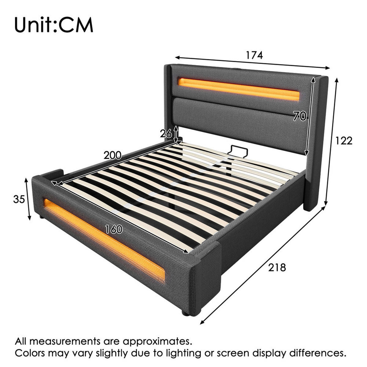DOPPELBETT 160X200 cm mit LED USB Typ C - Grau, Holz (160/200cm) - FLIEKS
