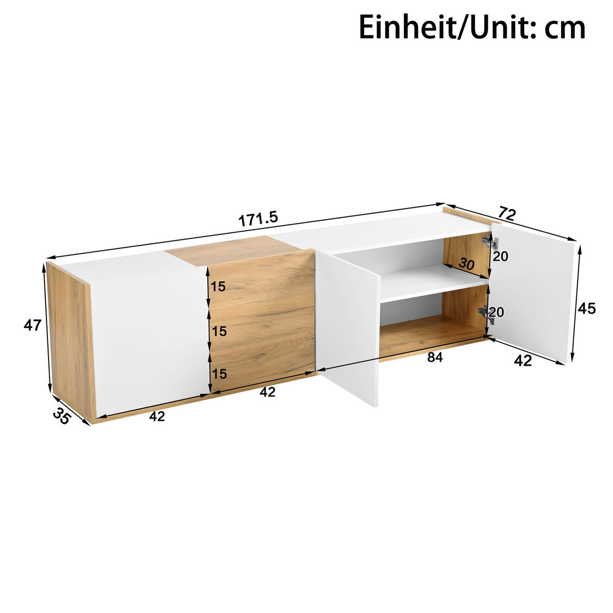 LOWBOARD 171,5/35/47 cm aus MDF mit 3 Türen, 3 Schubladen und Wandmontageoption Weiß/Holzfarben - Weiß, Holzwerkstoff (171.5/47/35cm) - Modenvie