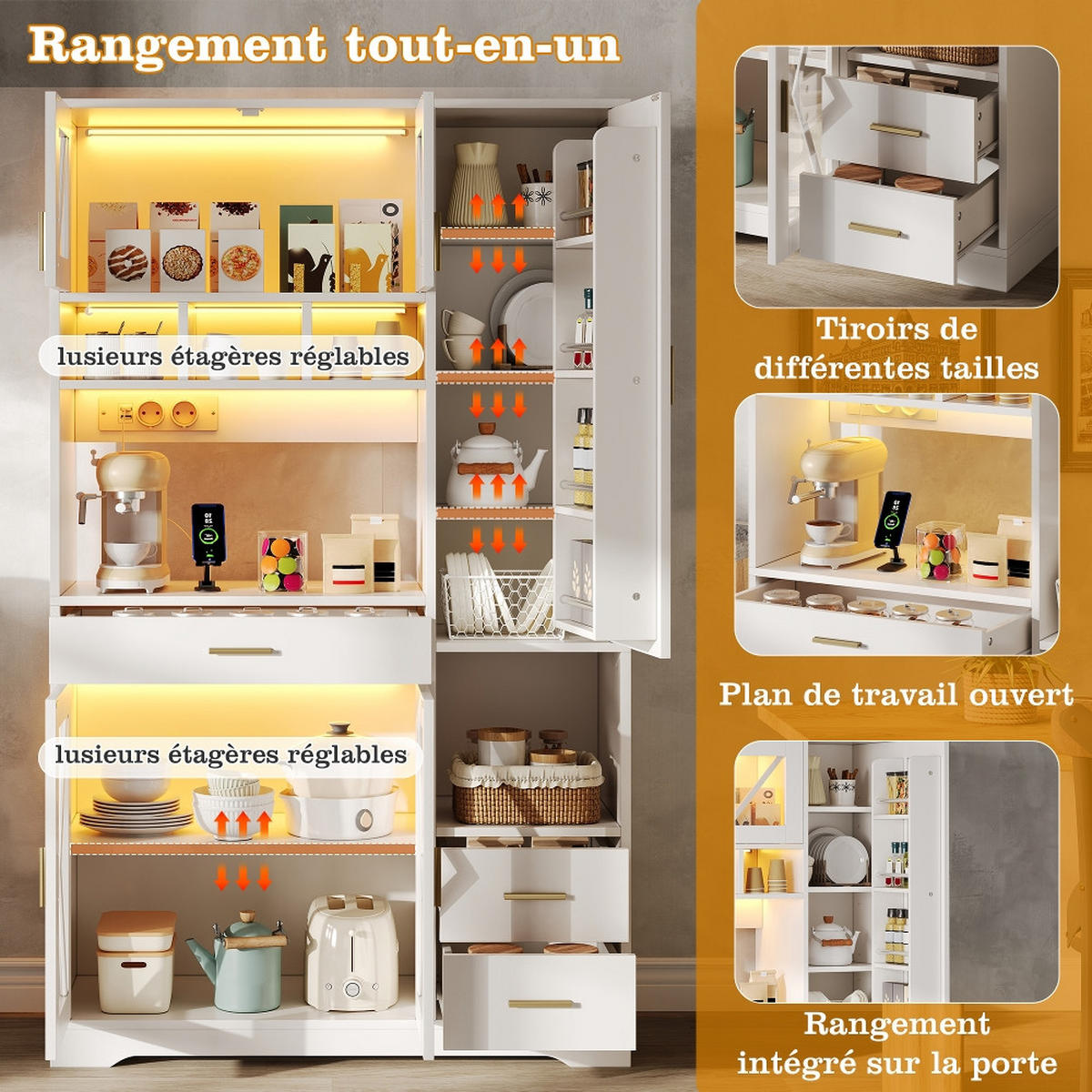 KÜCHENSCHRANK Buffetschrank, SCHEUNENSTIL MIT LED BELEUCHTUNG, Steckdosen, Glastüren, MDF, Vintage, 105/40/185 cm - Weiß, Kunststoff (40/185/105cm) - Rolipo