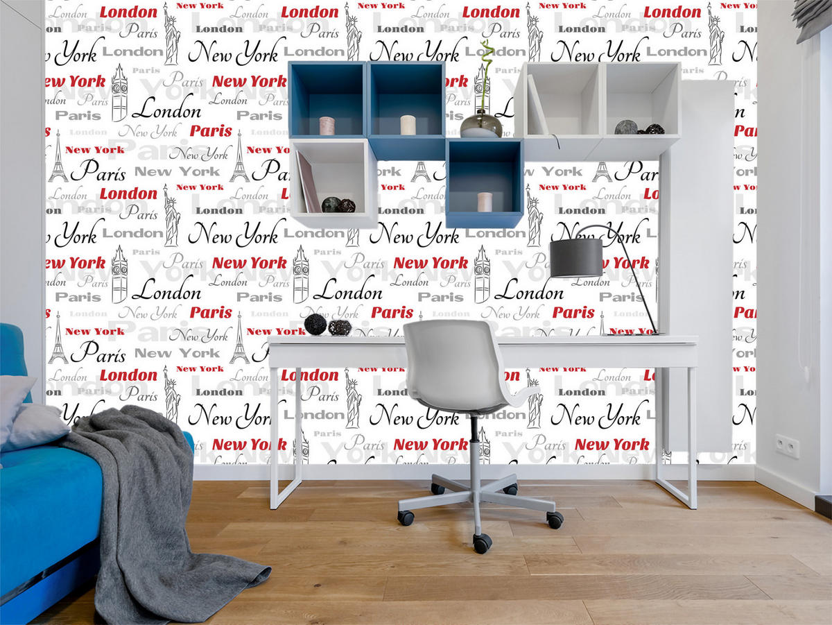 VLIESTAPETE London, Paris und New York – Rot, Grau, Weiß – 50x1000 cm - Rot/Weiß, Papier (50/1000cm) - Muralo