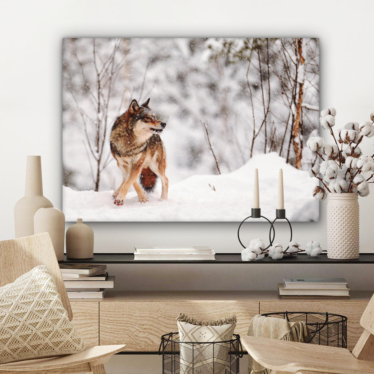 LEINWANDBILD Wolf - Winter - Schnee - Natur - Tiere Wandbilder 80x60 cm - Haselnussfarben, Textil (80/60cm) - MuchoWow