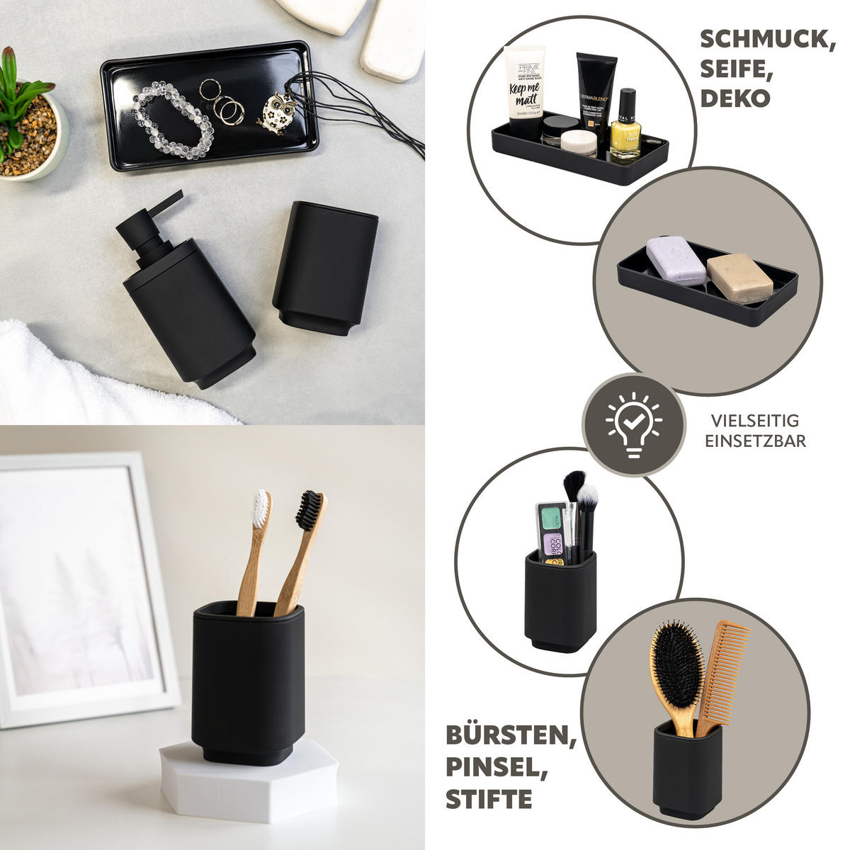 BAD-ACCESSOIRES-SET VALONA, Soft-Touch, schwarz - Schwarz, Kunststoff (18/2.5/9.5cm) - eluno