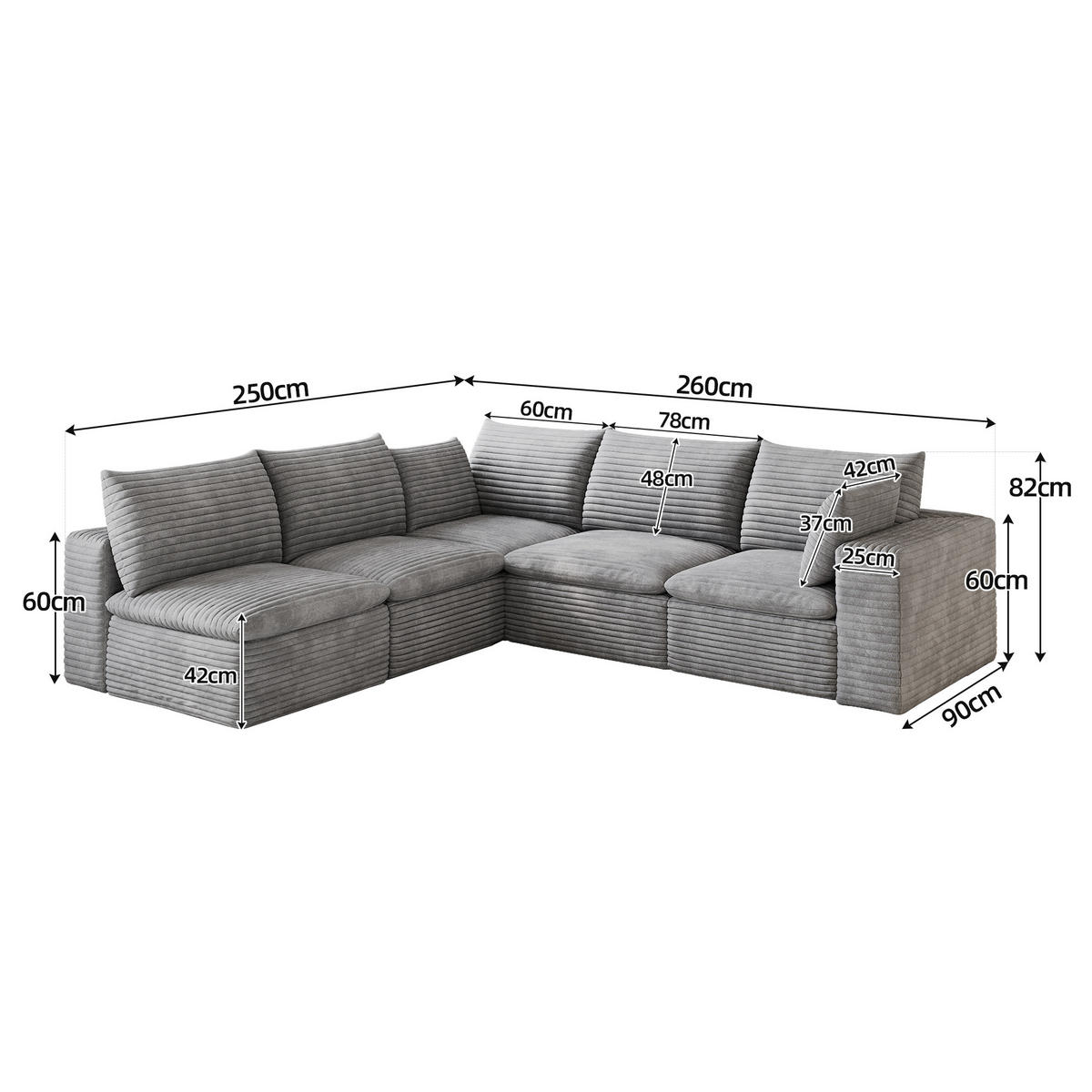 ECKSOFA DE-34773 5-Sitzer mit abnehmbare Polsterung Grau - Grau, Textil (250/260cm) - ComfortXL