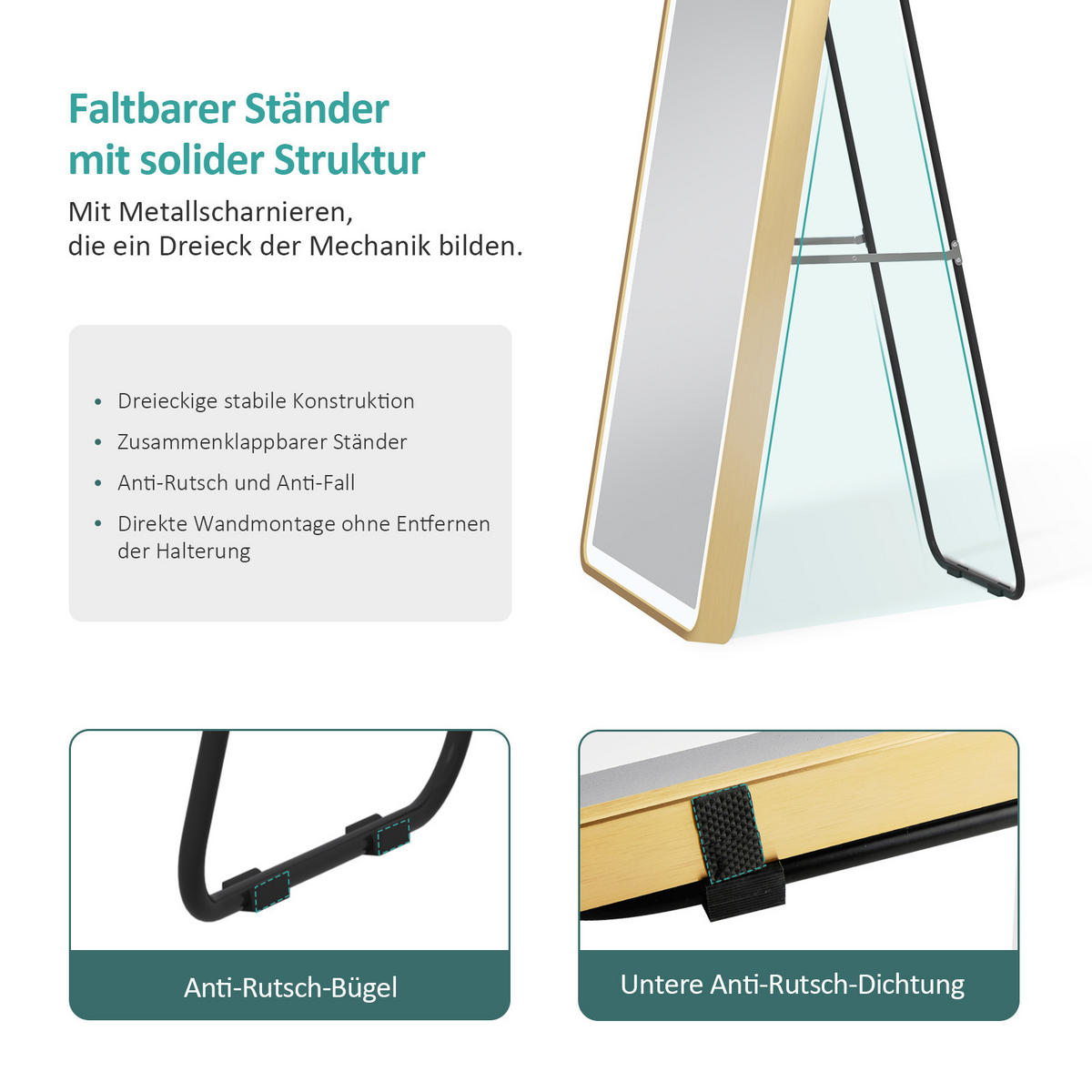 STANDSPIEGEL mit Beleuchtung und Rahmen Gold 160/60 cm - Goldfarben, Glas/Metall (60/160/160cm) - EMKE