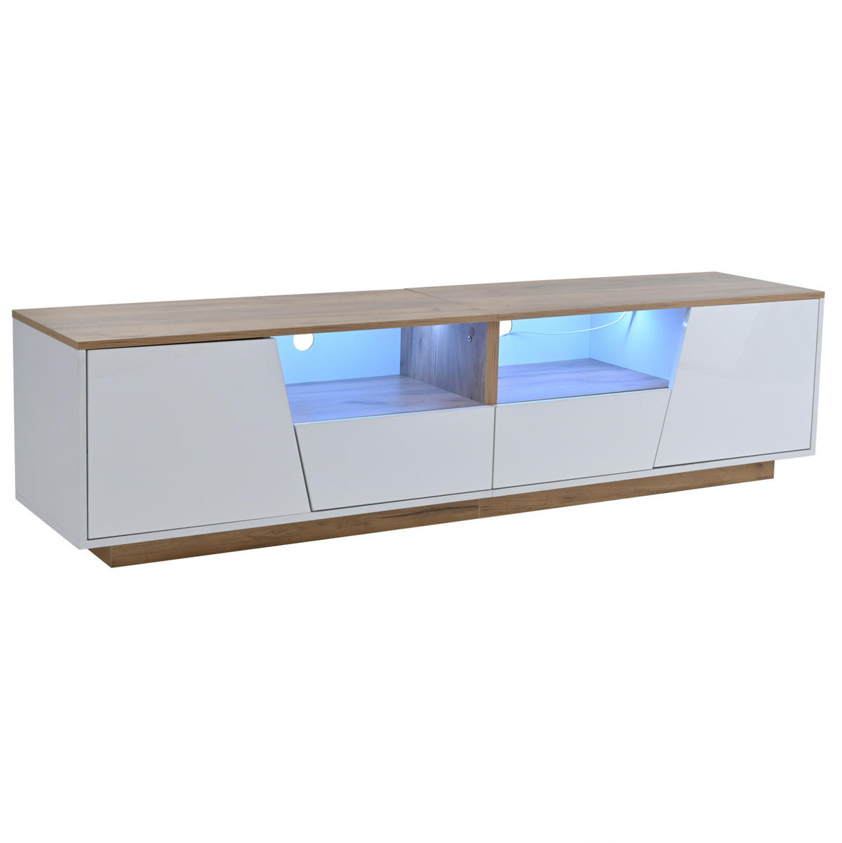 TV-LOWBOARD 180/40/46 cm mit 2 Schubladen, 2 Türen, LED-Beleuchtung und Hochglanzfront aus Spanplatte, Weiß/Naturholz - Weiß, Holzwerkstoff (180/46/40cm) - Redom
