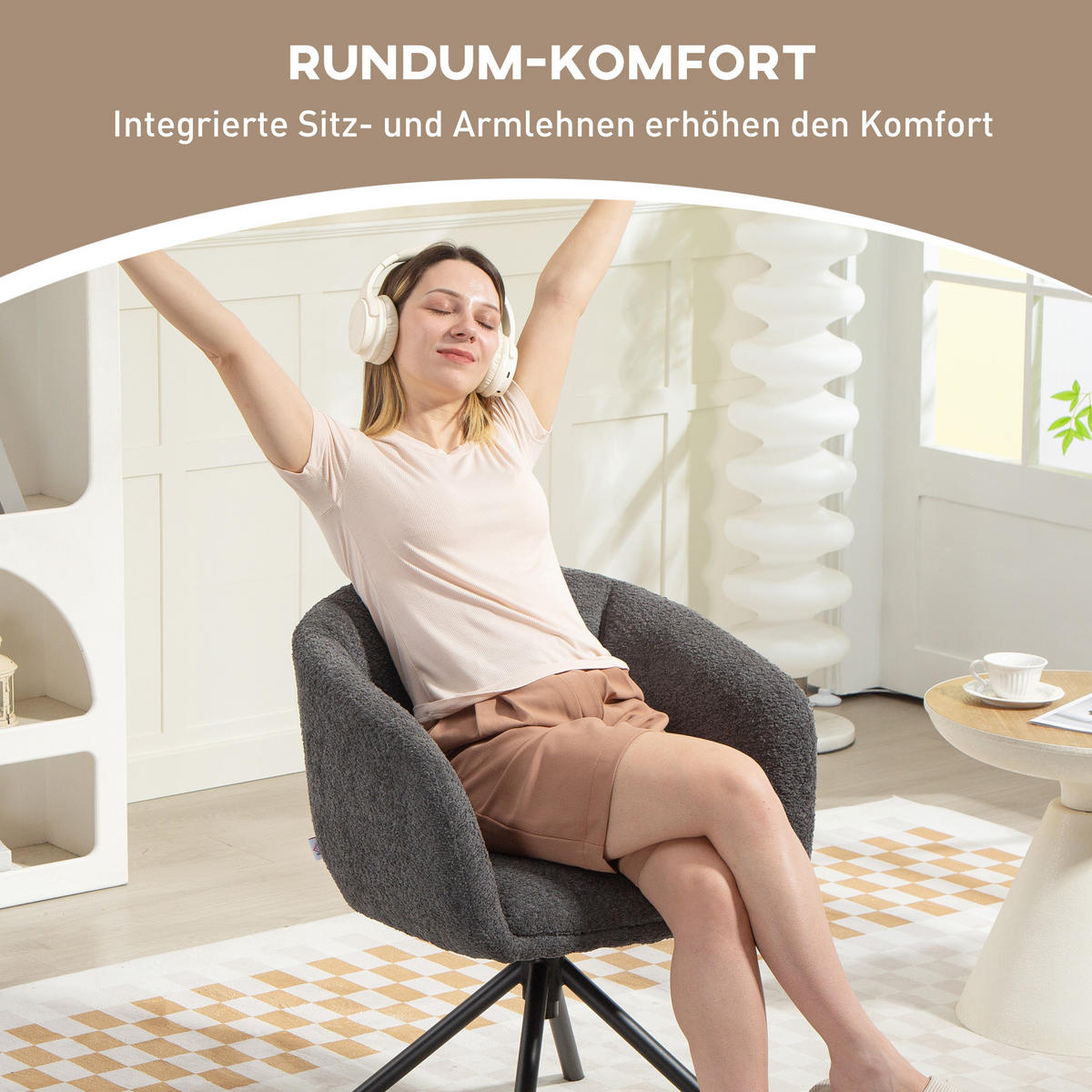 SESSEL Loungesessel mit Armlehne, 360° Drehfunktion, Leinenoptik, Dunkelgrau - Dunkelgrau, Textil (58.5/78.5/59cm) - HOMCOM