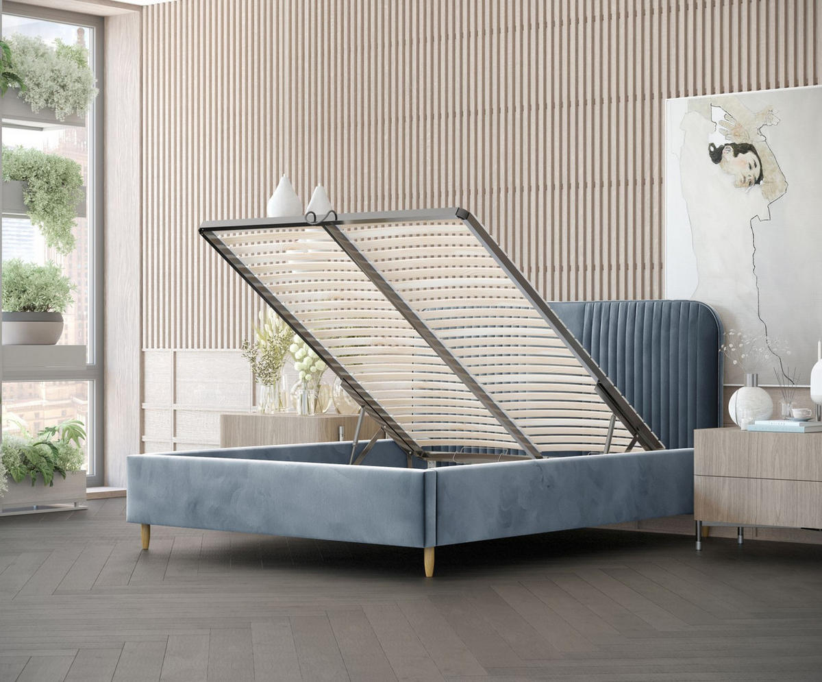 POLSTERBETT Livy Blau Grau 120/200 cm im Samtstoff - Blaugrau/Naturfarben, Holz/Holzwerkstoff (120/200cm) - Maison de Reve
