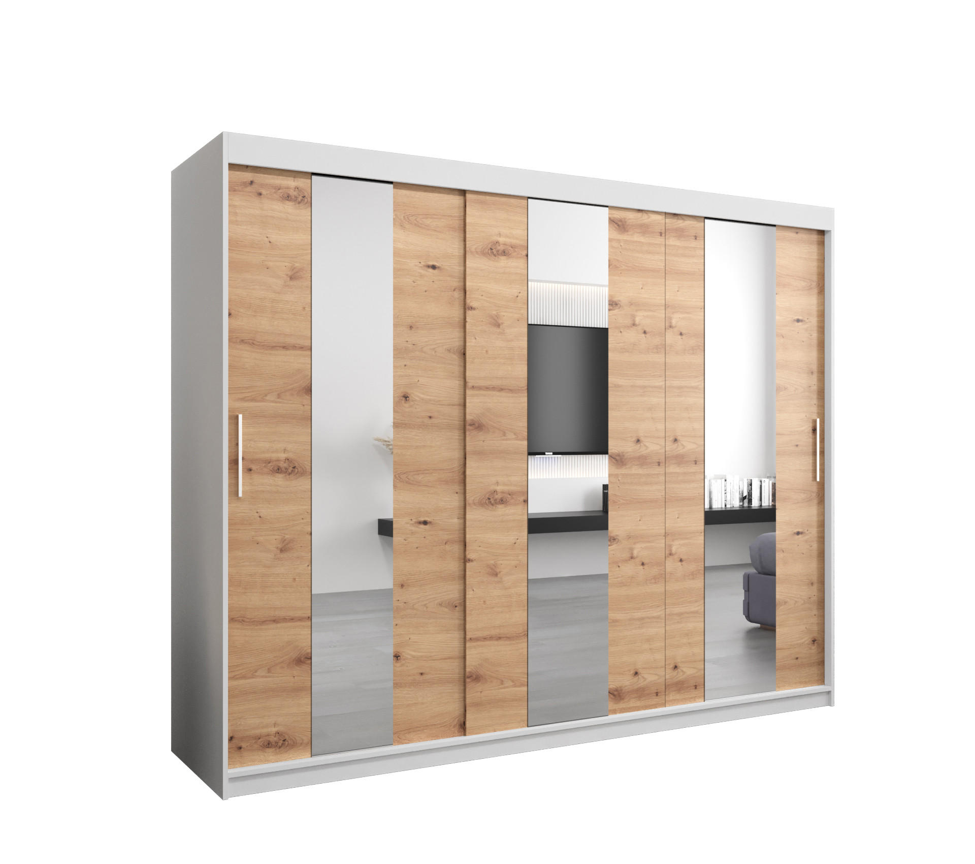 Abiks Möbel Schwebetürenschrank Weiß, Eiche Artisan 250x200x62 cm