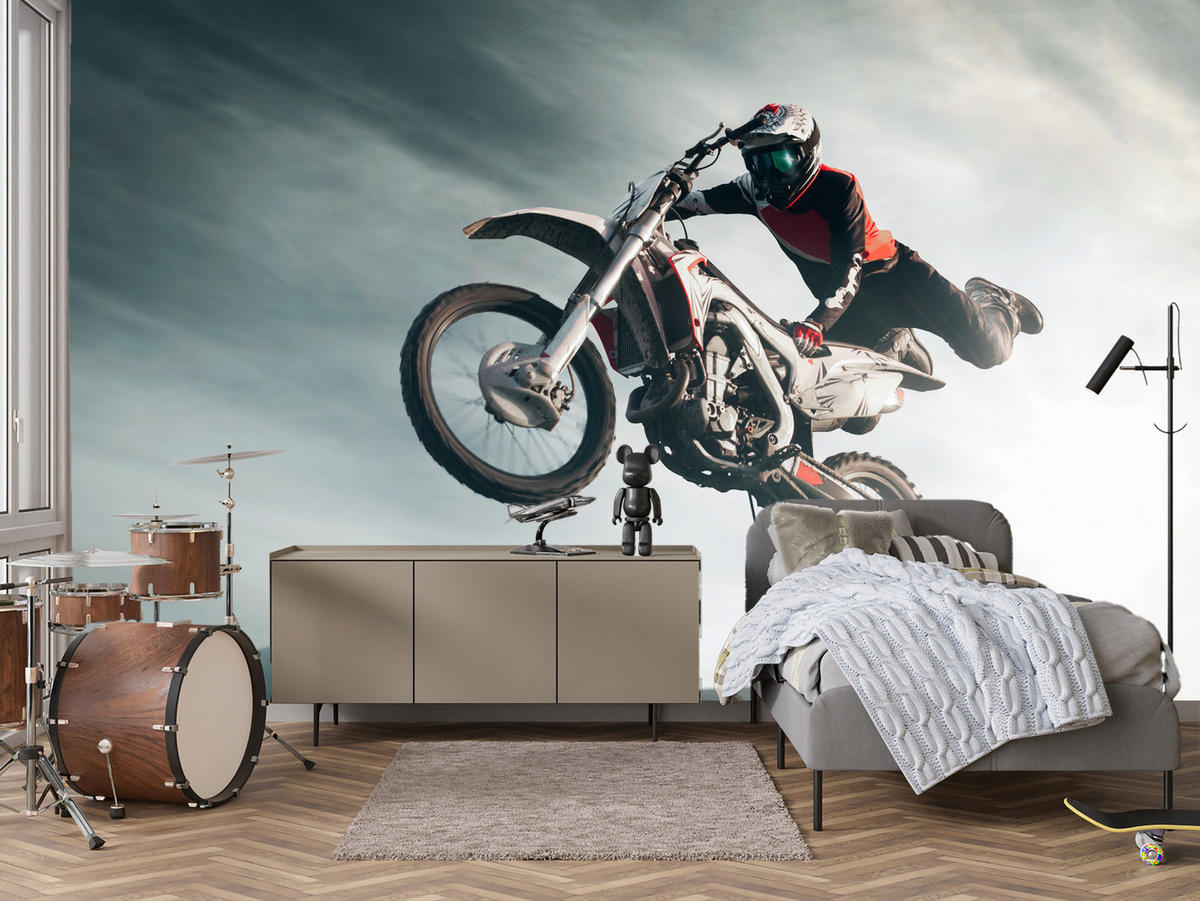 FOTOTAPETE für Jugendzimmer Motocross Sprung Mann Sport Berge Action 100x70 - Grau, Papier (100/70cm) - Muralo
