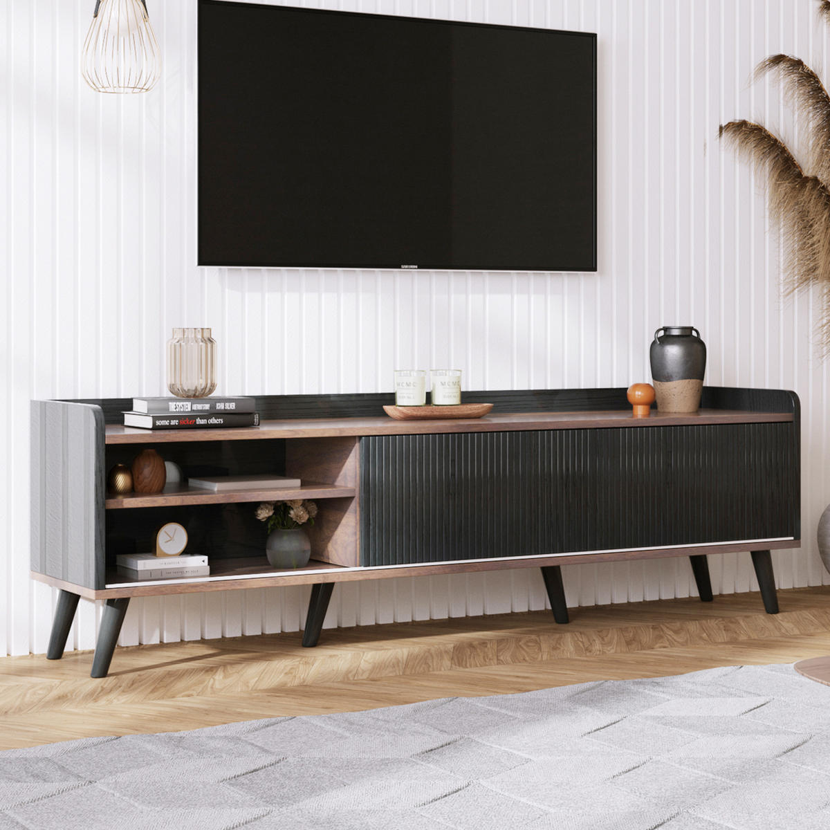 TV Lowboard 2 Schubladen, 2 Schiebetüren, Schwarz Natur - Schwarz, Holz (160/58/40cm)