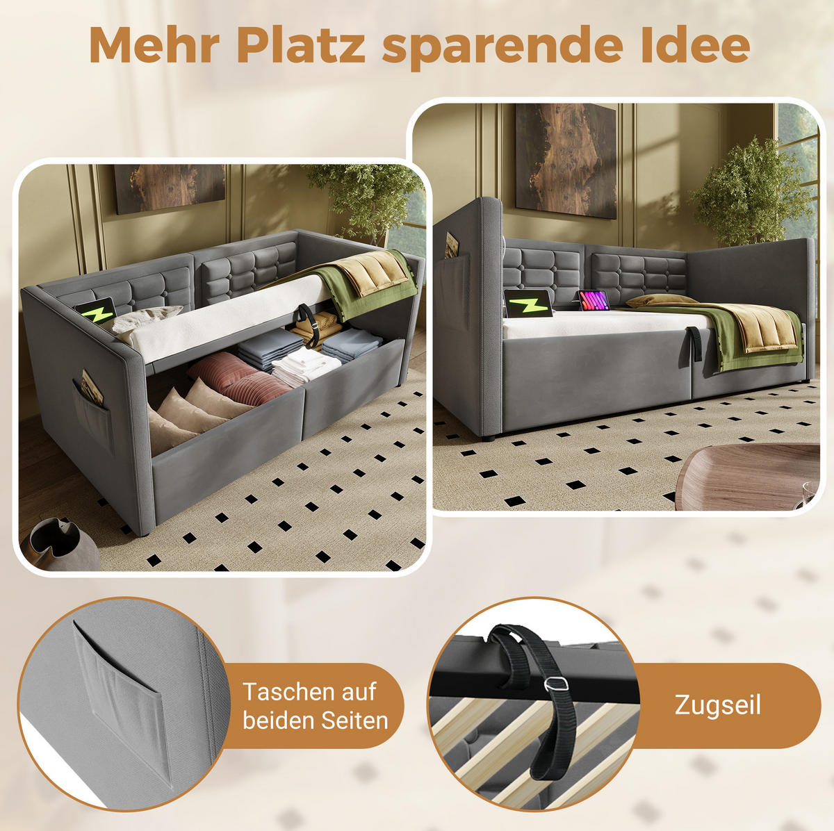 BETT 90/200 cm Grau aus Samt mit Stauraum und USB/Type-C - Grau, Textil (90/200cm) - OKMYHOME
