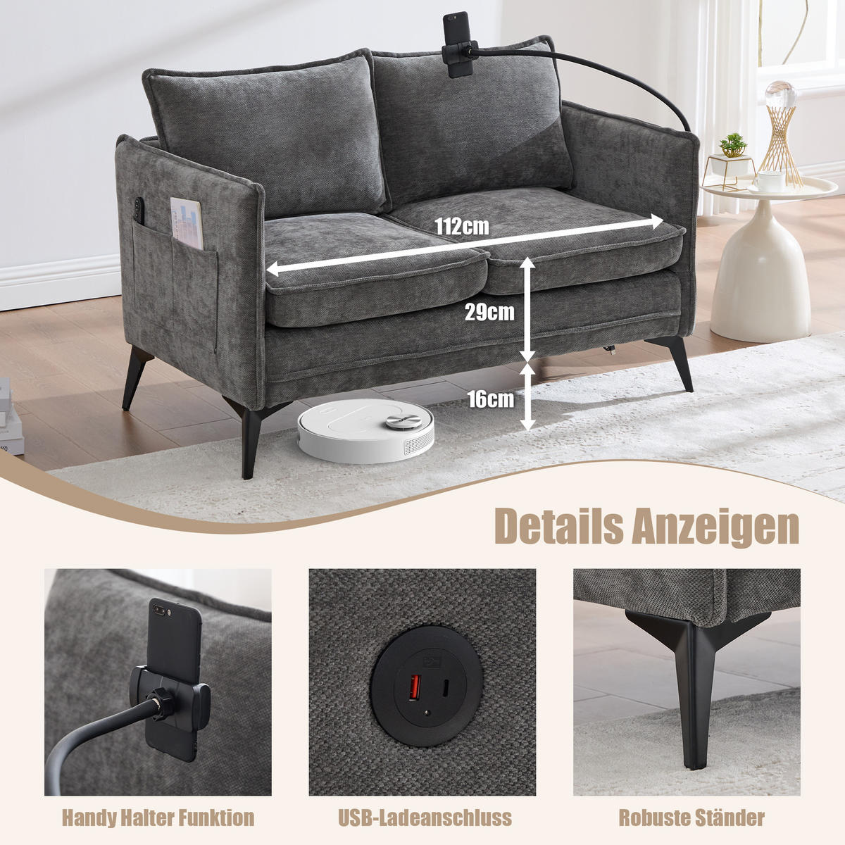 2-SITZER Sofa Chenille mit Handyhalter und Ablagefächern 127/69/66 cm Grau - Grau, Textil (66/127/69cm) - Redom