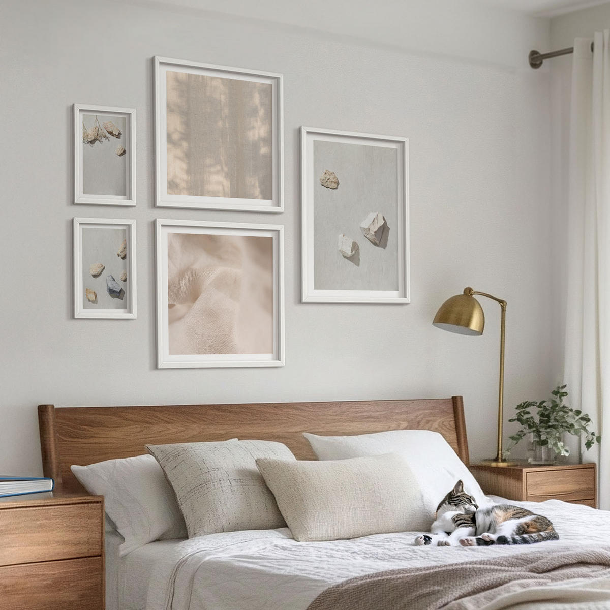 WANDBILDER 5er-Set - 50x50 cm & 20x30 cm & 40x60 cm Weißer Rahmen - Boho-Stranddekorationen aus Steinen - Weiß, Kunststoff (40/60cm) - ArtPrintCave