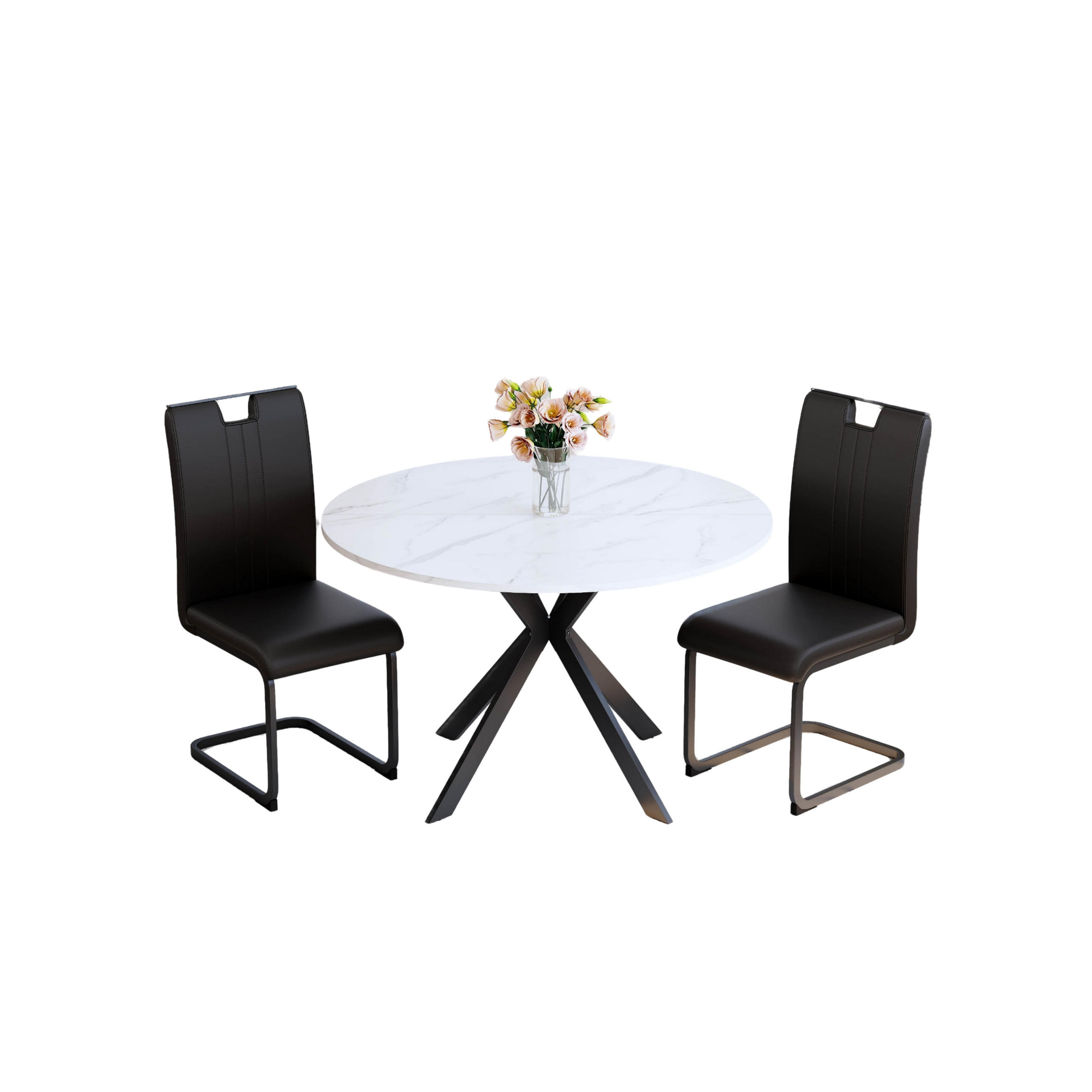 ESSGRUPPE DE-39511 3-teilig, runder Marmortisch Schwarz - Schwarz, Holzwerkstoff (110/75/110cm) - ComfortXL