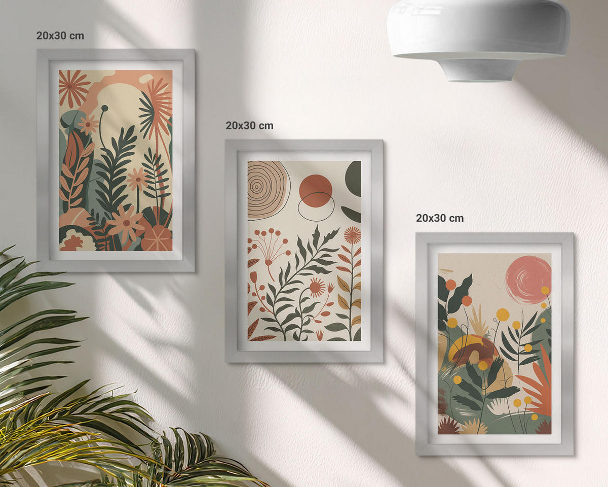 WANDBILDER 3er Set - 20x30 cm Silberner Rahmen - Vintage-Pflanzenmuster in Pastellfarben - Silberfarben, Kunststoff (20/30cm) - ArtPrintCave