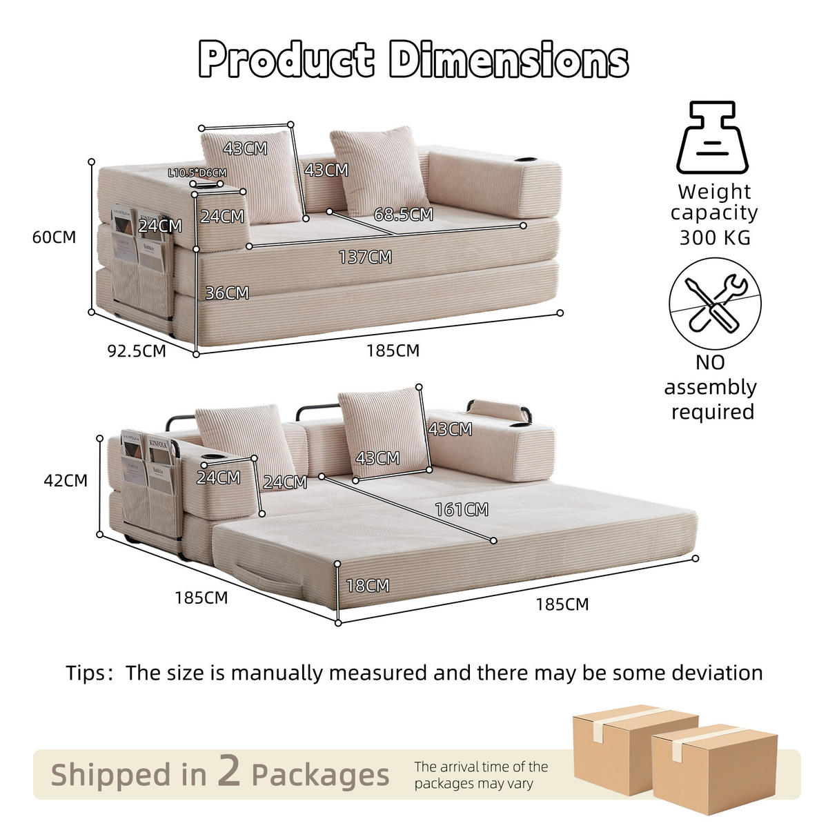 SCHLAFSOFA DE-33515 faltbar mit Becherhalter Weiß - Weiß, Textil (185/60/92.5cm) - ComfortXL