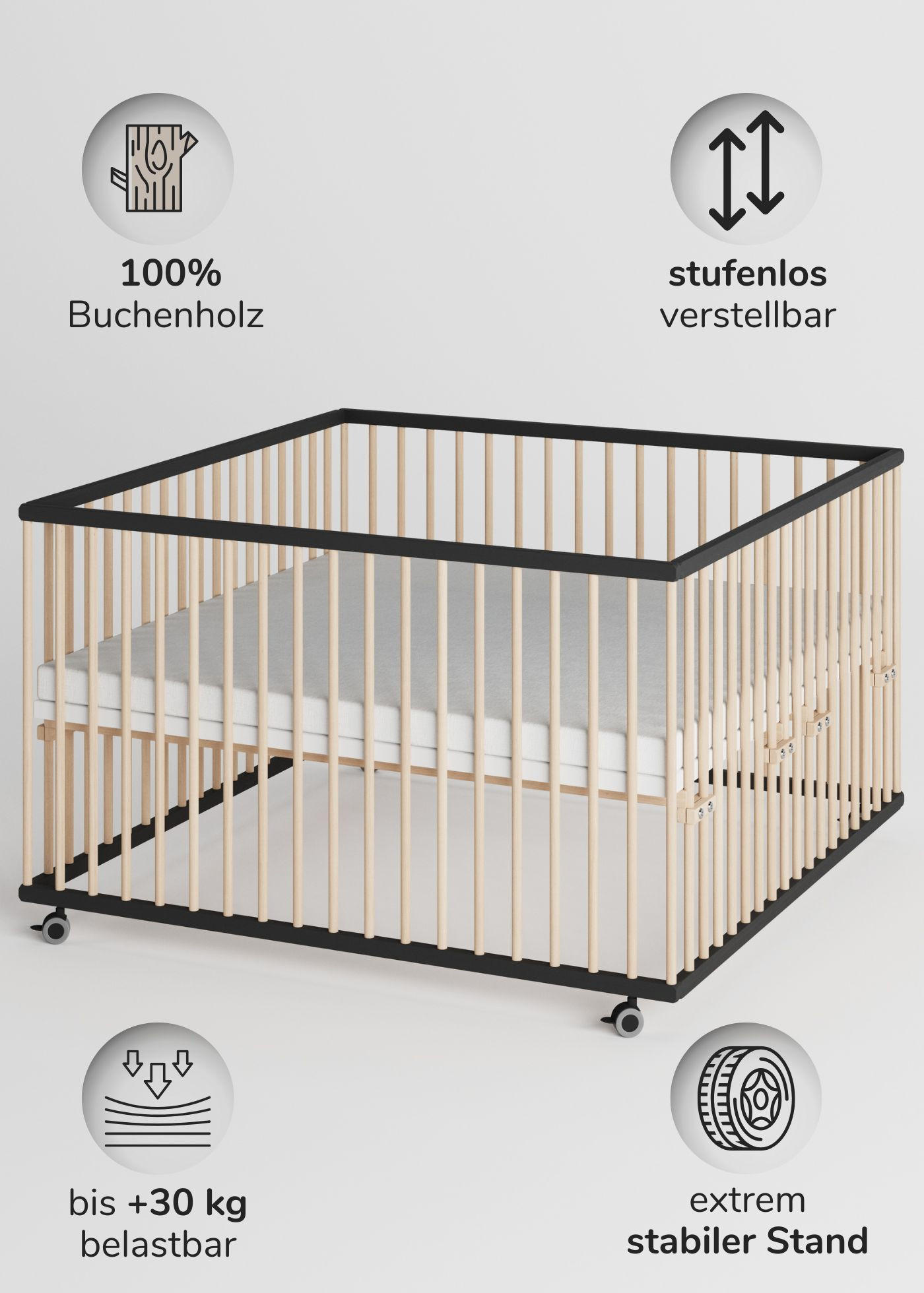 LAUFGITTER 120x120 cm mit Matratze - schwarz/natur - Premium Kollektion - Schwarz/Naturfarben, Holz (120/74/120cm) - Sämann – make a difference.