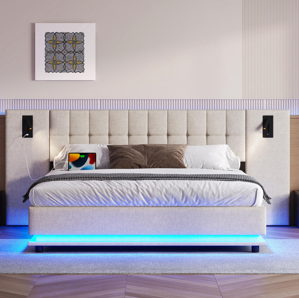 ČALOUNĚNÁ postel 180/200 cm, len, béžová, s LED páskem, USB a lampičkou - béžová, textil (180/200cm) - BEAOK