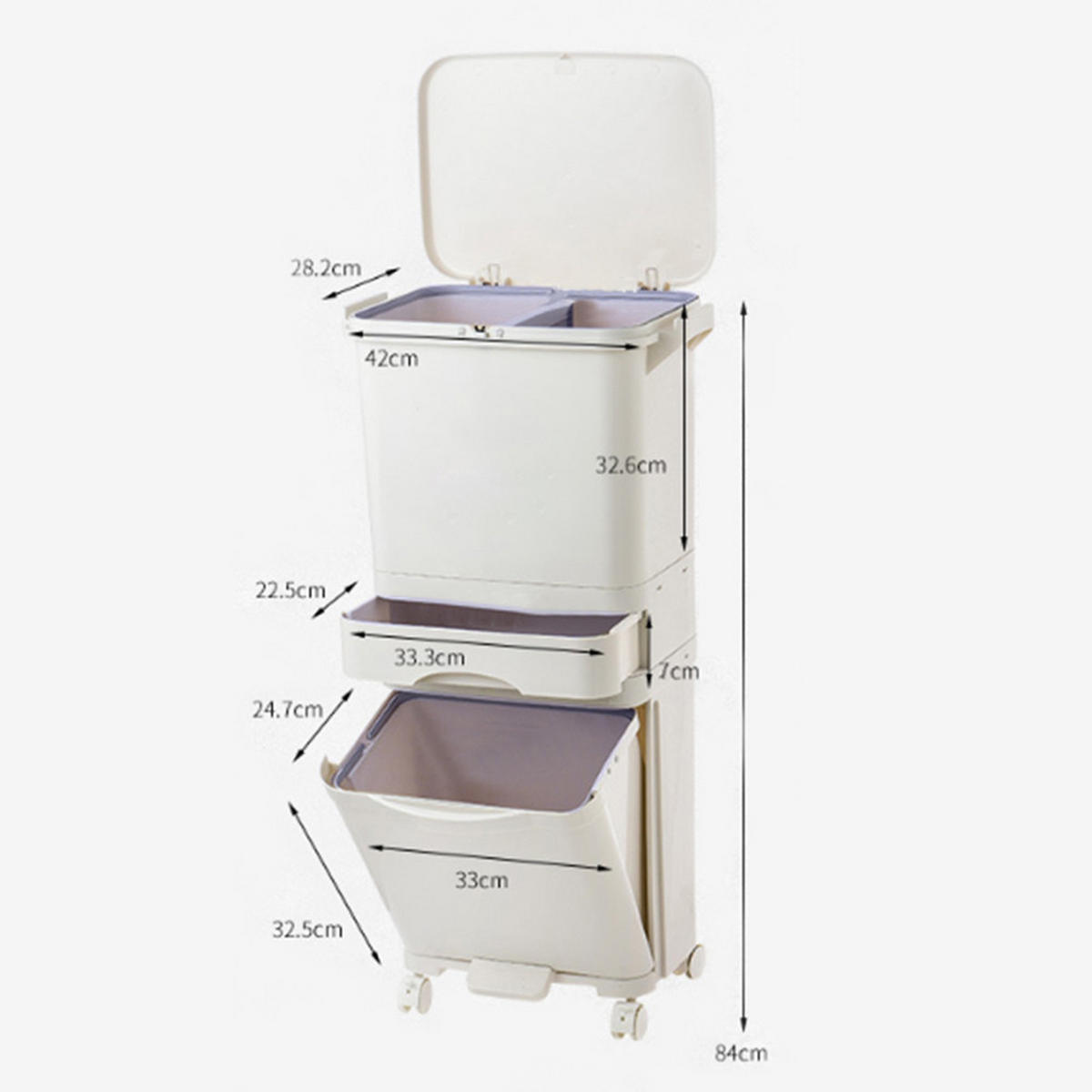 MÜLLEIMER 42L Mülltrennung 3-Stufig Schublade Rollen Kunststoff Weiß - Weiß, Kunststoff (42/84/28.2cm) - Livingandhome