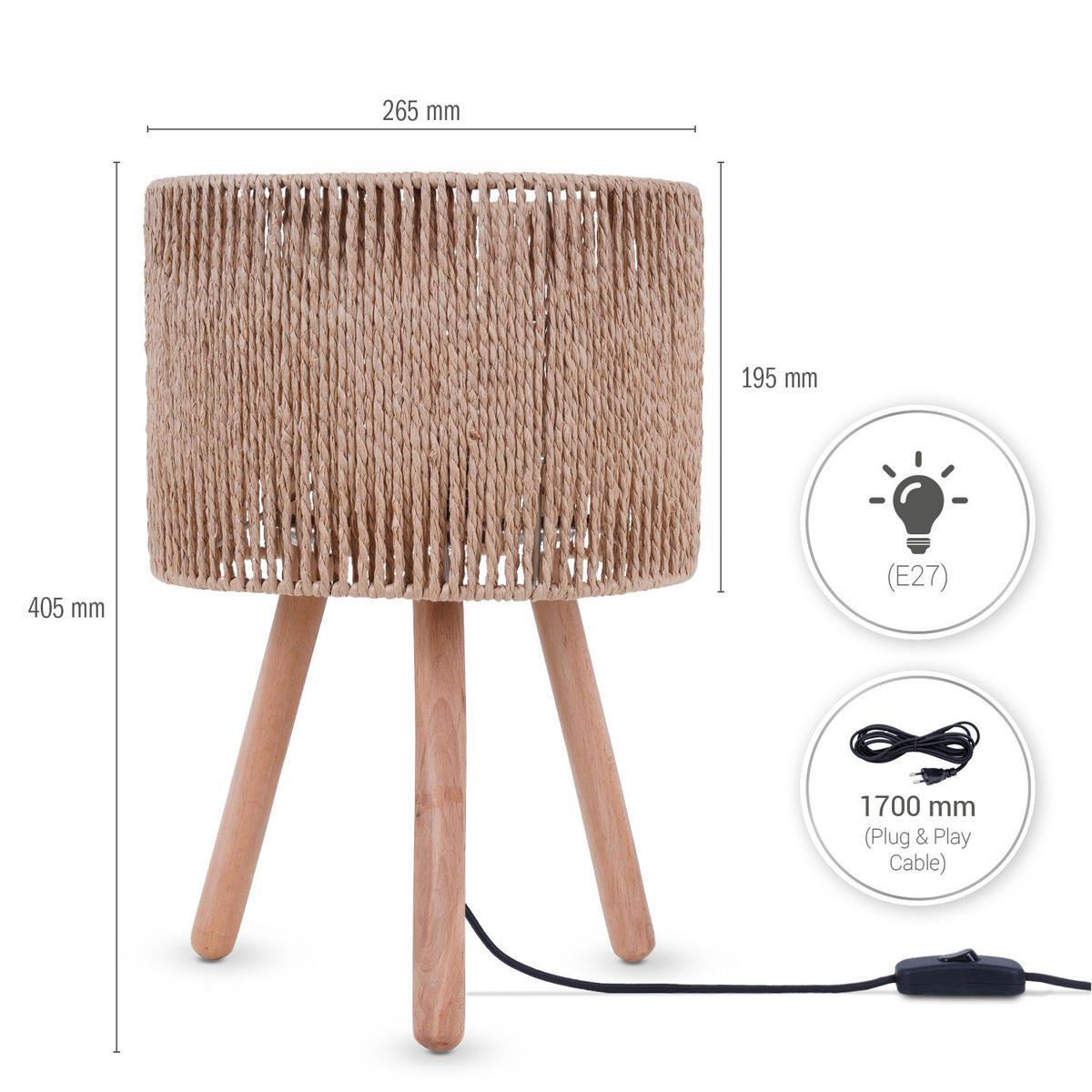 TISCHLAMPE Pita Tl - Naturfarben, Holz (26.5/26.5/40.5cm) - Paco Home