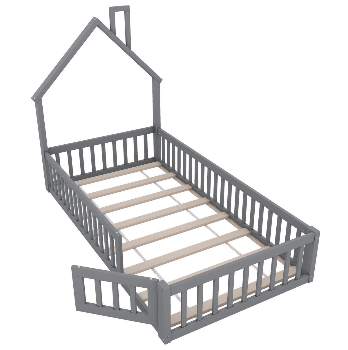 HAUSBETT Schornsteinform 90/200 cm, Grau mit Sicherheitsgitter - Grau, Holz (90/200cm) - MIVRAY
