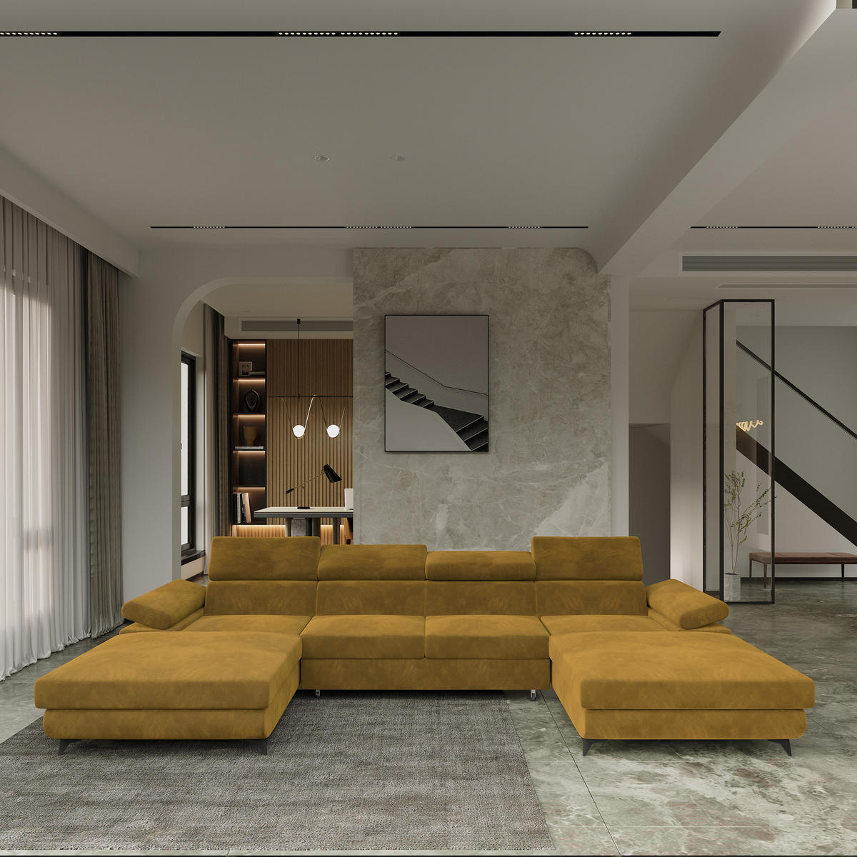 ROHOVÁ SEDAČKA DETTI žlutá - černá/žlutá, kov/dřevo (339/190cm) - MASSENO