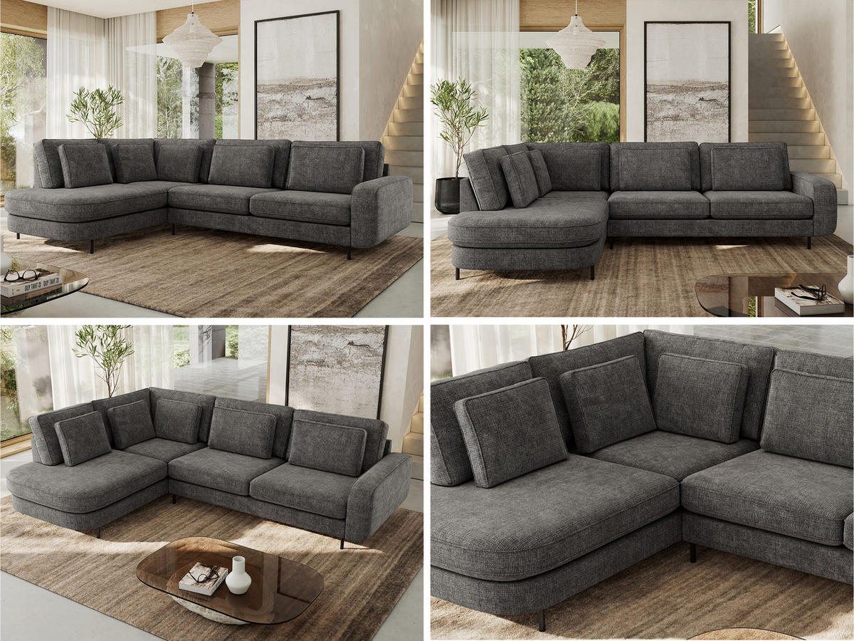 ROHOVÁ SEDAČKA CALENO L - Šedá hladký senil - Pravá Strana - černá/tmavě šedá, kov/textil (317/225cm) - MKS