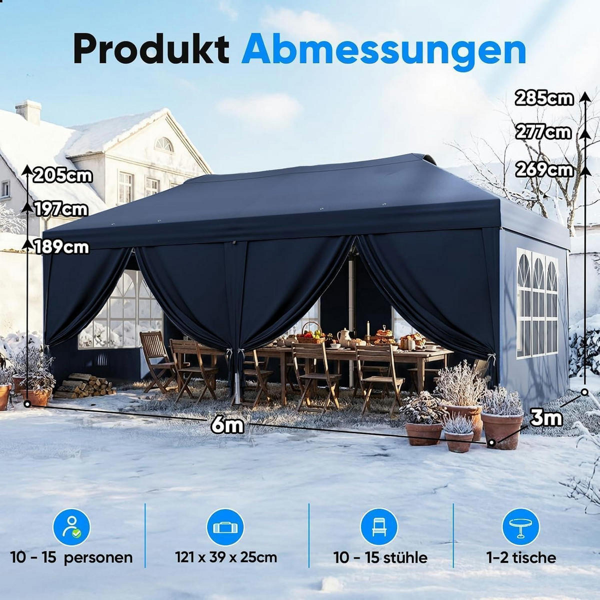 FALTPAVILLON 3x6m mit Seitenwänden und UV-Schutz - Blau, Metall (585/285/293cm)