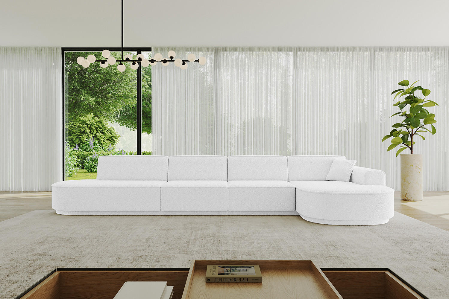 ECKSOFA Ottomane Rechts MARI-L3 - 402x163x81 cm Weiß Bouclé - Schwarz/Weiß, Holzwerkstoff/Kunststoff (402/163cm) - ALTDECOR
