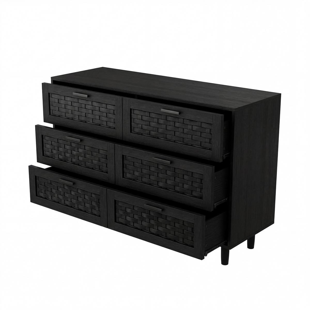 KOMMODE Japandi mit 6 Schubladen in Rattan-Optik 115/40/80 cm Schwarz - Schwarz, Holzwerkstoff (115/80/40cm) - Creahappy