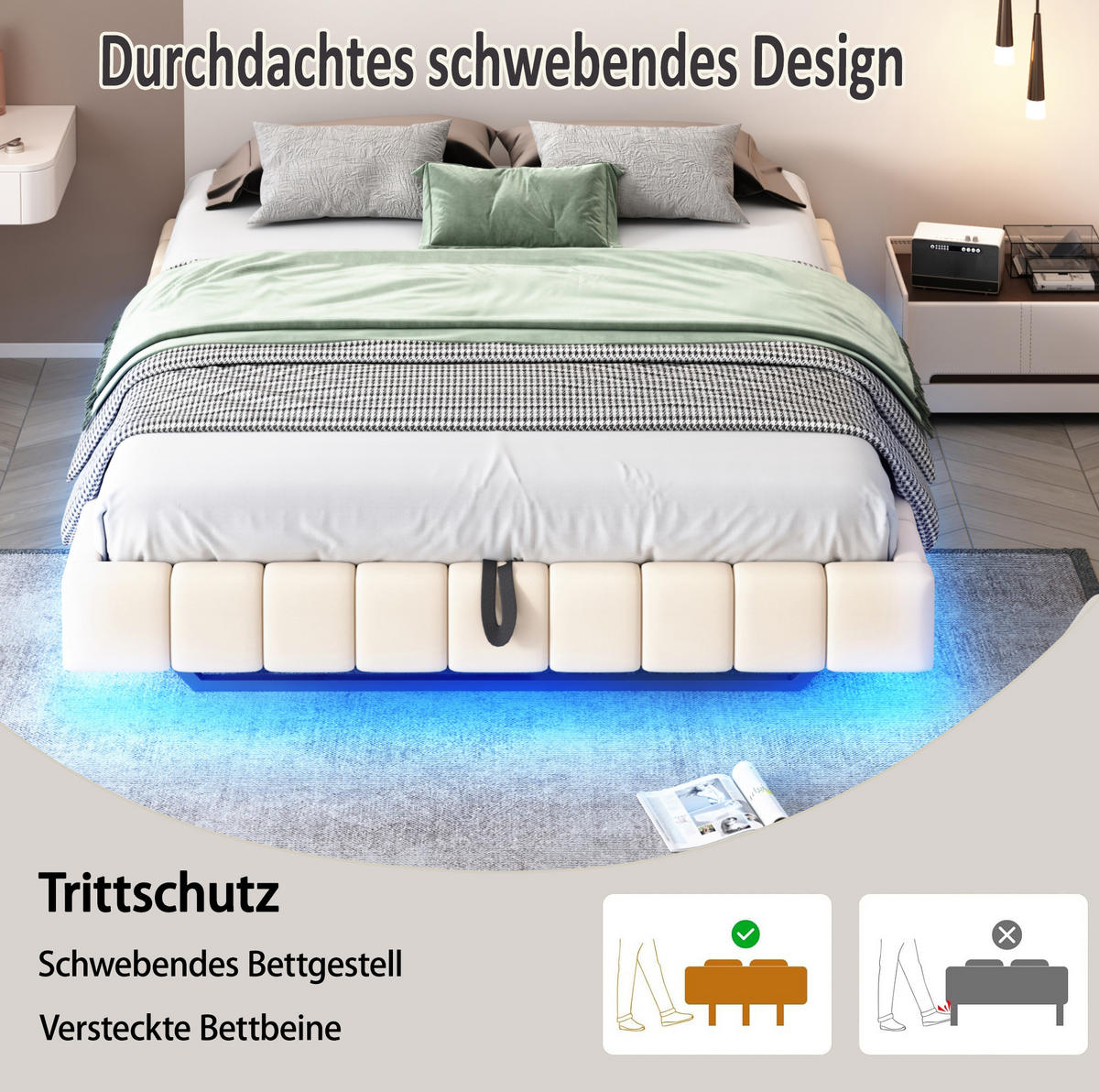 POLSTERBETT 180/200 cm Beige aus Stoff mit LED und Stauraum - Beige, Textil (180/200cm) - OKMYHOME