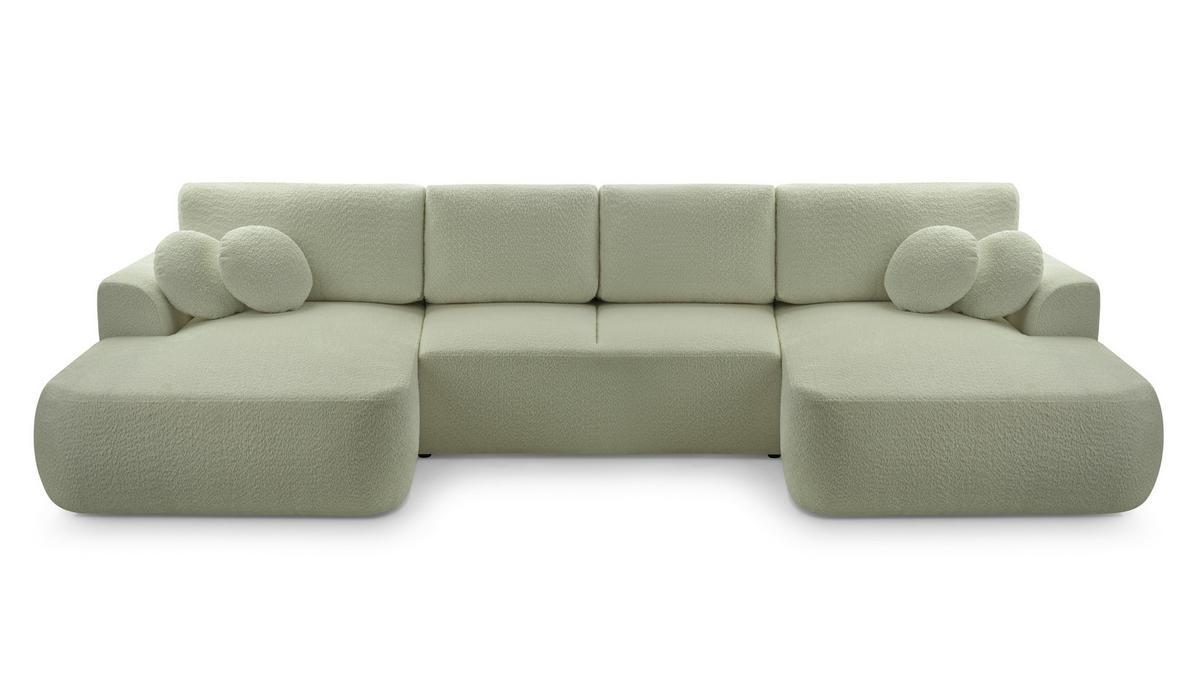 WOHNLANDSCHAFT FILO Grün Boucle-Stoff mit Schlaffunktion - Grün, Holz (364/87/168cm) - MASSENO