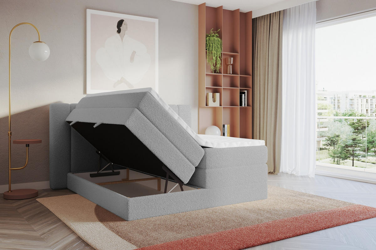 BOXSPRINGBETT mit Matratze H3/H4 - EVON KING - 140x200 cm Hellgrau - Hellgrau, Holzwerkstoff (140/200cm) - ALTDECOR
