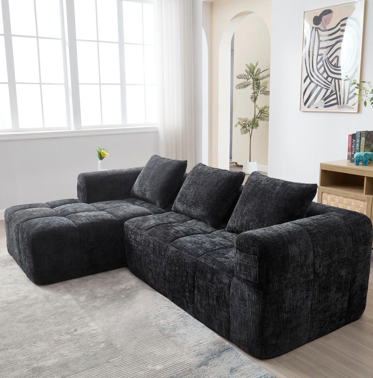 SOFA mit Chaiselongue 250 x 158 cm Chenille Black - Schwarz, Textil (158/250cm) - Meubliv