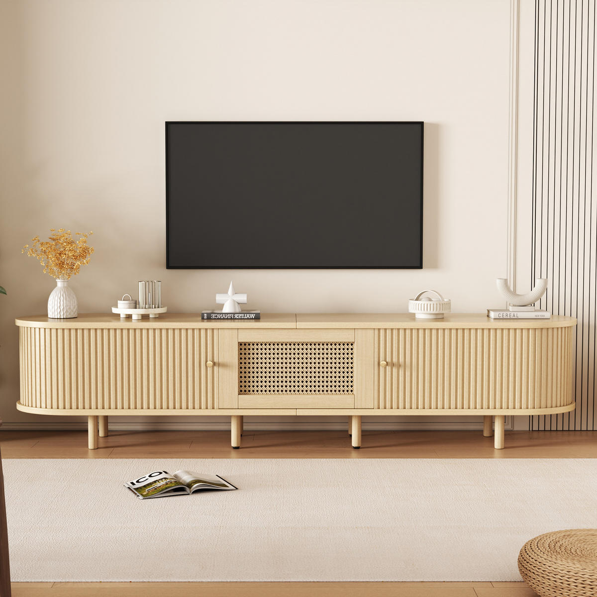TV-ELEMENT180X40X40CM Fernsehtisch Lowboard Rattan-Optik Schiebetüren Holzfarbe - Naturfarben, Holz (49.5/14.5/120cm) - Raelunyi