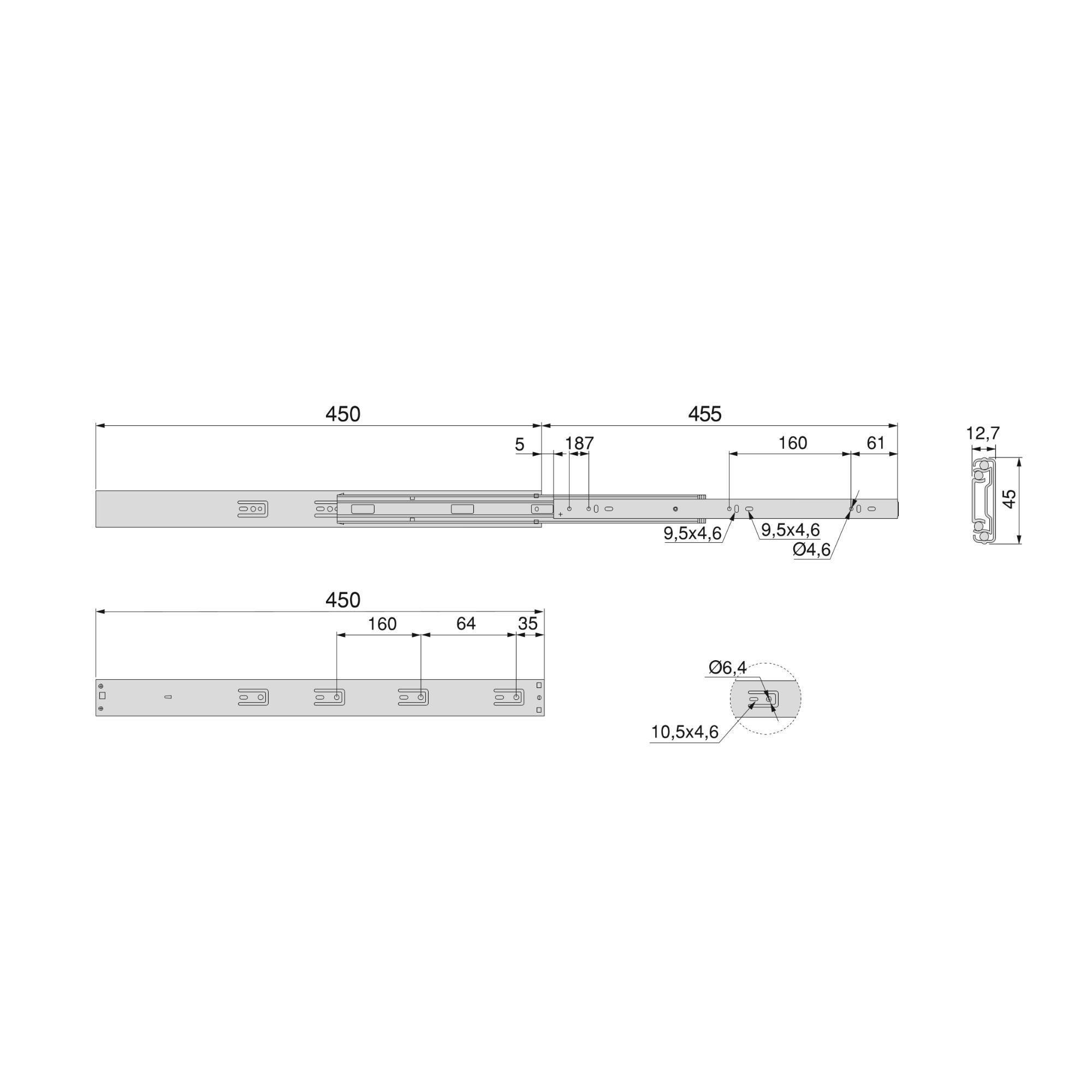 KUGELFÜHRUNGEN Höhe 45mm, Tiefe 450mm, Vollauszug, mit Push, mit Schließautomatik, Verzinkt 5er-set - Zinkfarben, Metall (1.27/5/45cm) - EMUCA