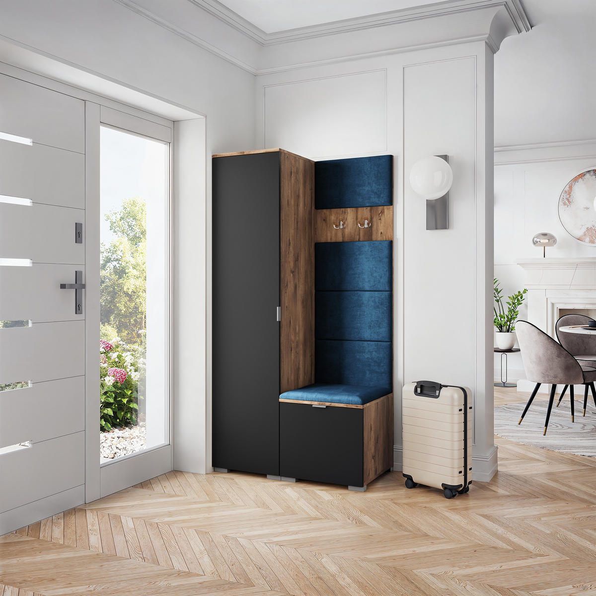 GARDEROBENSCHRANK LORI 95/181/51 cm Modern Garderobe-Set Eiche Lefkas - Blau/Eichefarben, Holzwerkstoff (95/181/51cm) - MASSENO