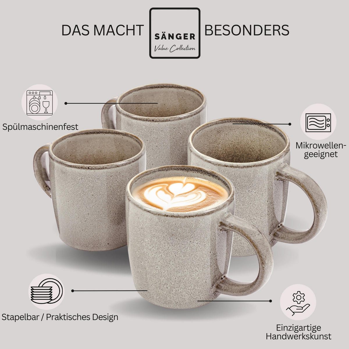 KAFFEEBECHER SET KAIRO CLAY - 4 teilig aus Steingut - Grau, Keramik (0.4L) - Sänger