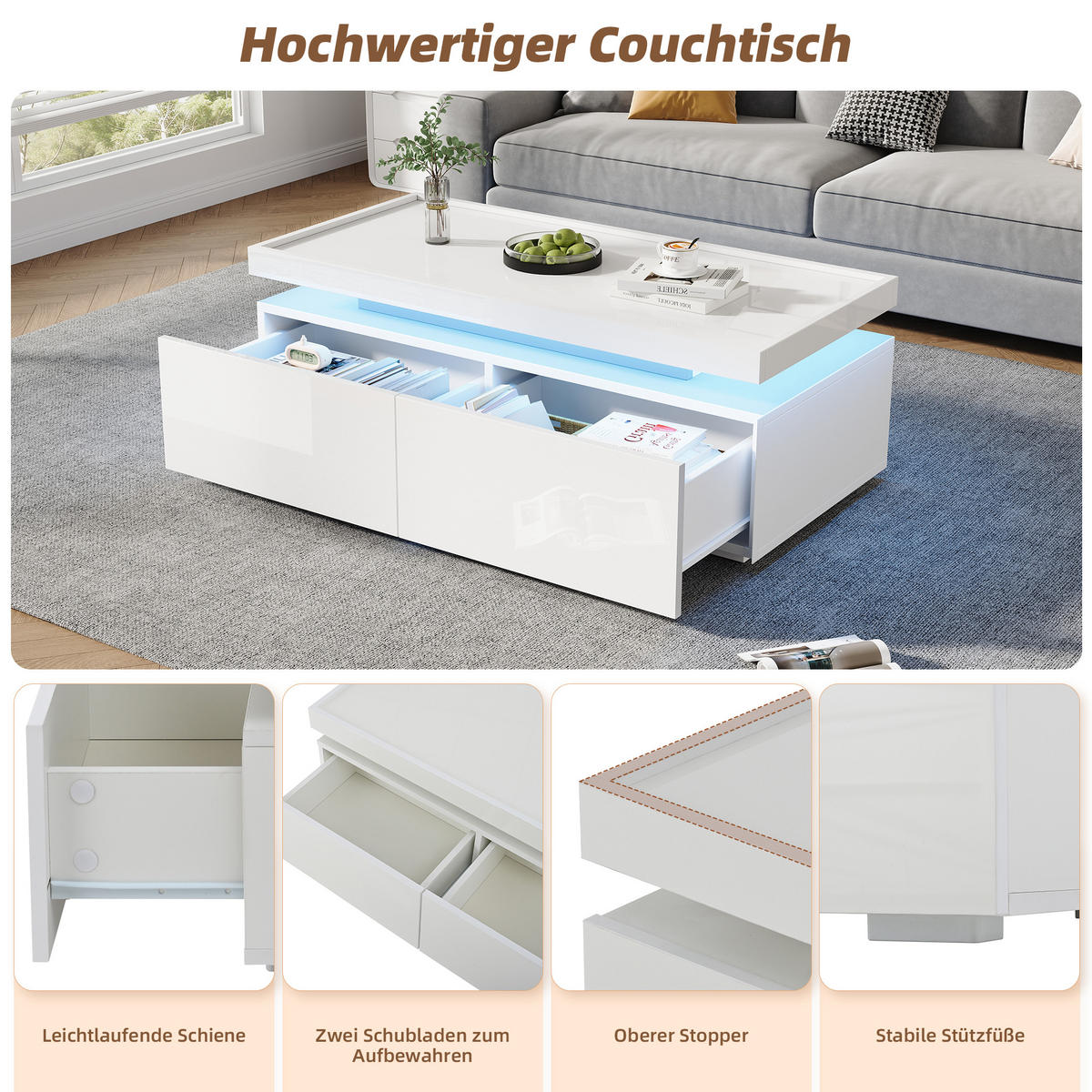 COUCHTISCH LED Weiß Hochglanz 2 Schubladen 95x45x35cm Geometrisch - Weiß, Holzwerkstoff (95/45/35cm) - FLIEKS