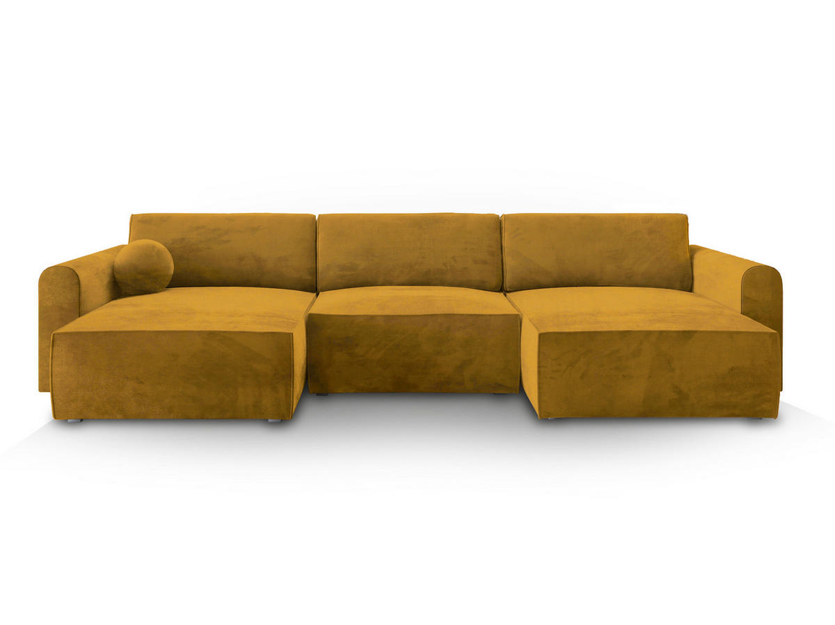 WOHNLANDSCHAFT FENTO M Gelb Velours-Stoff mit Schlaffunktion - Gelb, Holz (347/90/148cm) - MASSENO