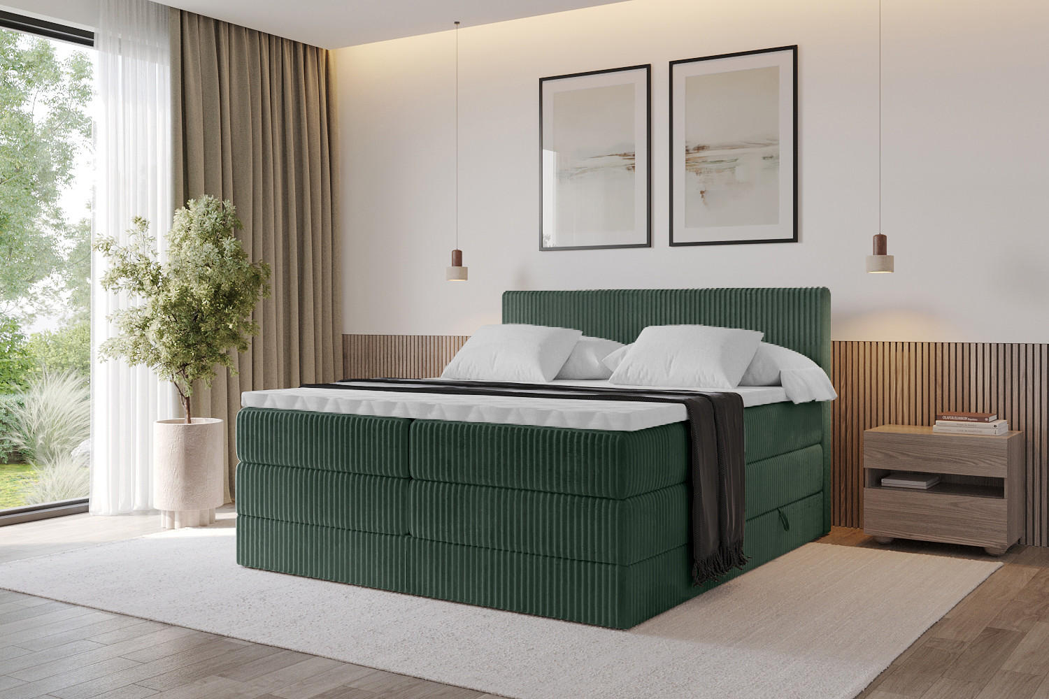 BOXSPRINGBETT mit Matratze H3|H4 und Lattenrost - TOLO KING 140x200 Cord - Dunkelgrün - Dunkelgrün, Holzwerkstoff (140/200cm) - ALTDECOR