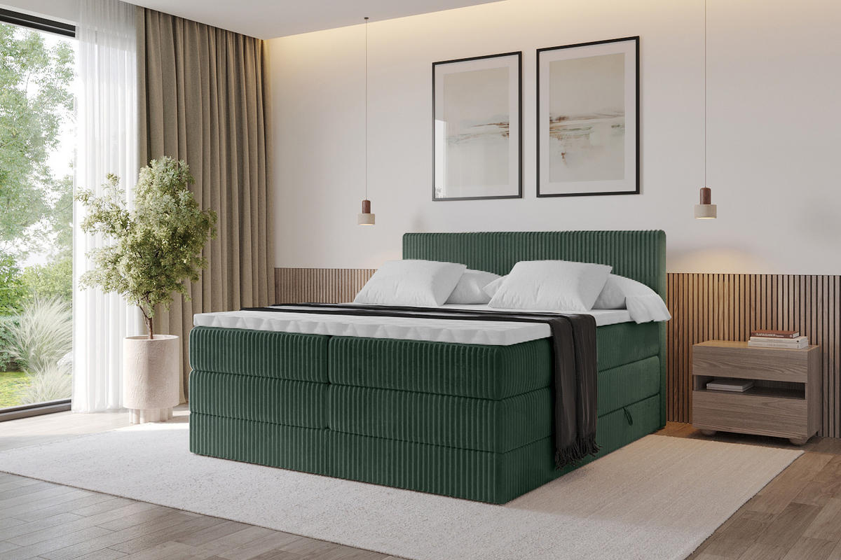 BOXSPRINGBETT mit Matratze H3|H4 und Lattenrost - TOLO KING 140x200 Cord - Dunkelgrün - Dunkelgrün, Holzwerkstoff (140/200cm) - ALTDECOR