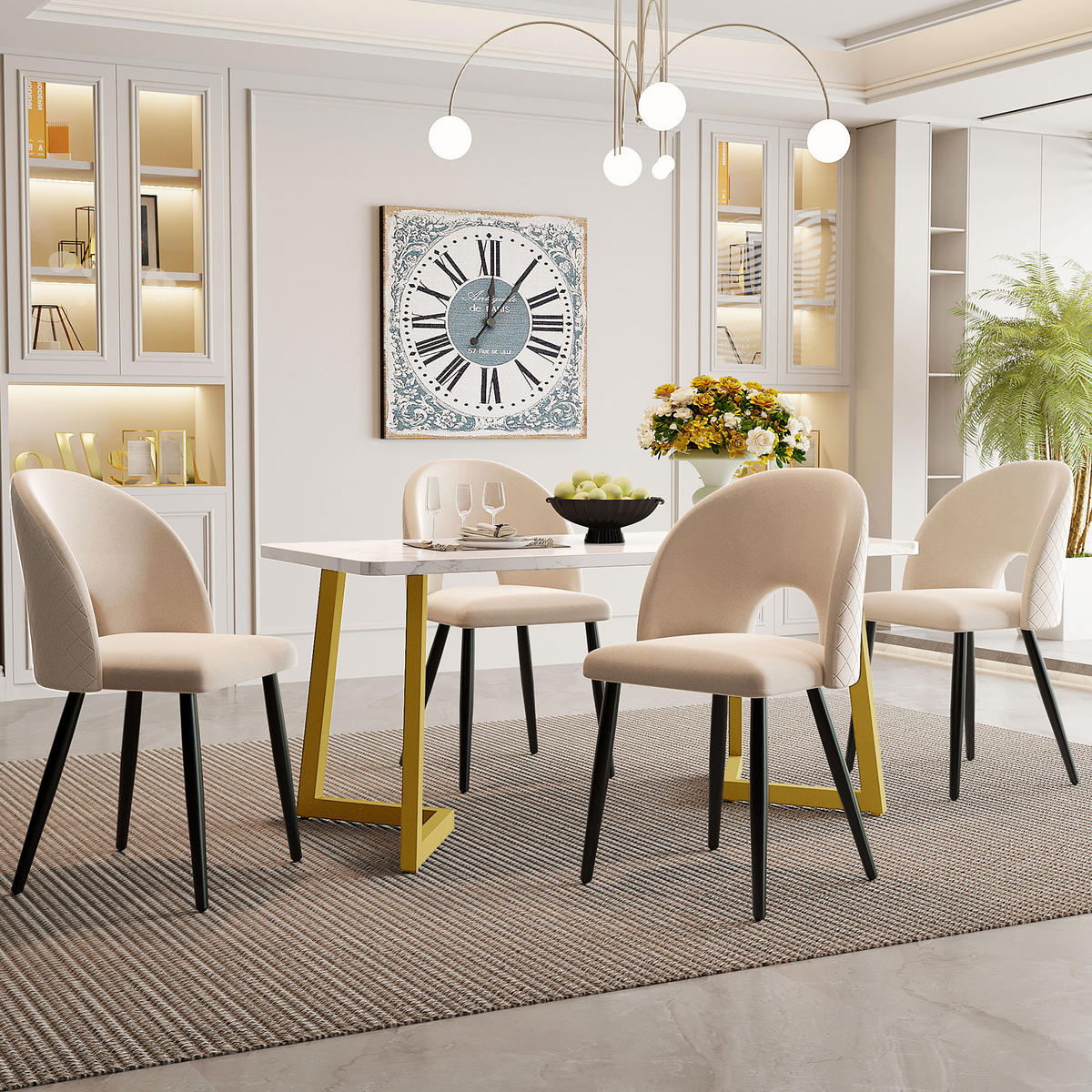 ESSGRUPPE Esstisch 4 Stühle Samt Beige Gold 117x68cm - Beige, Textil (117/75/68cm) - FLIEKS