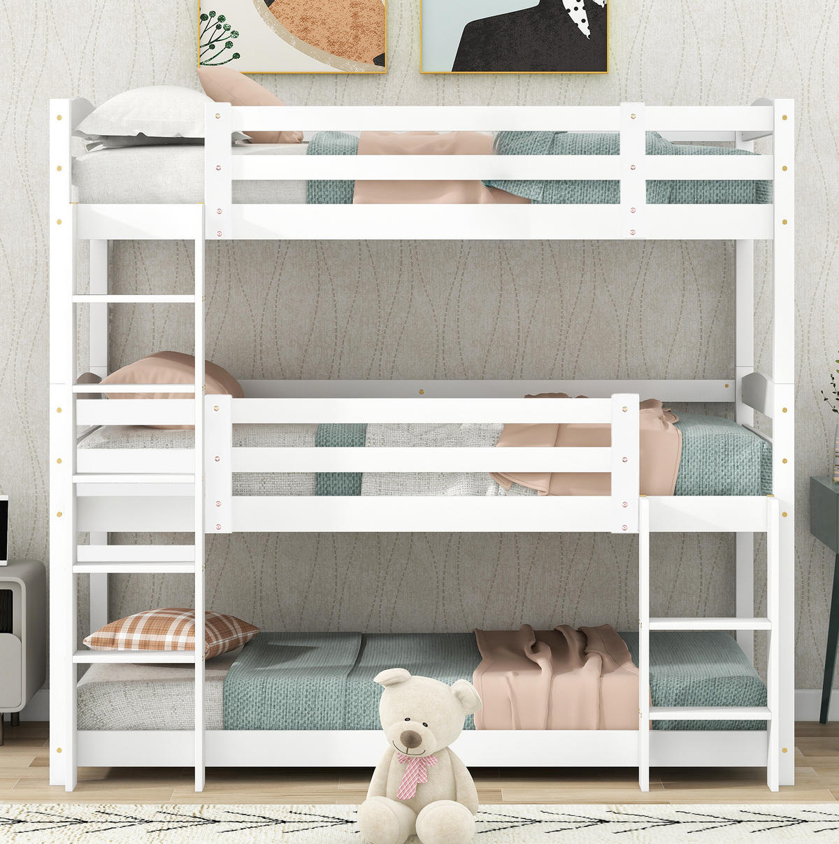 POSCHODOVÁ posteľ 90/200 cm biela trojitá rozložiteľná z borovicového dreva - biela, drevo (90/200cm) - OKWISH