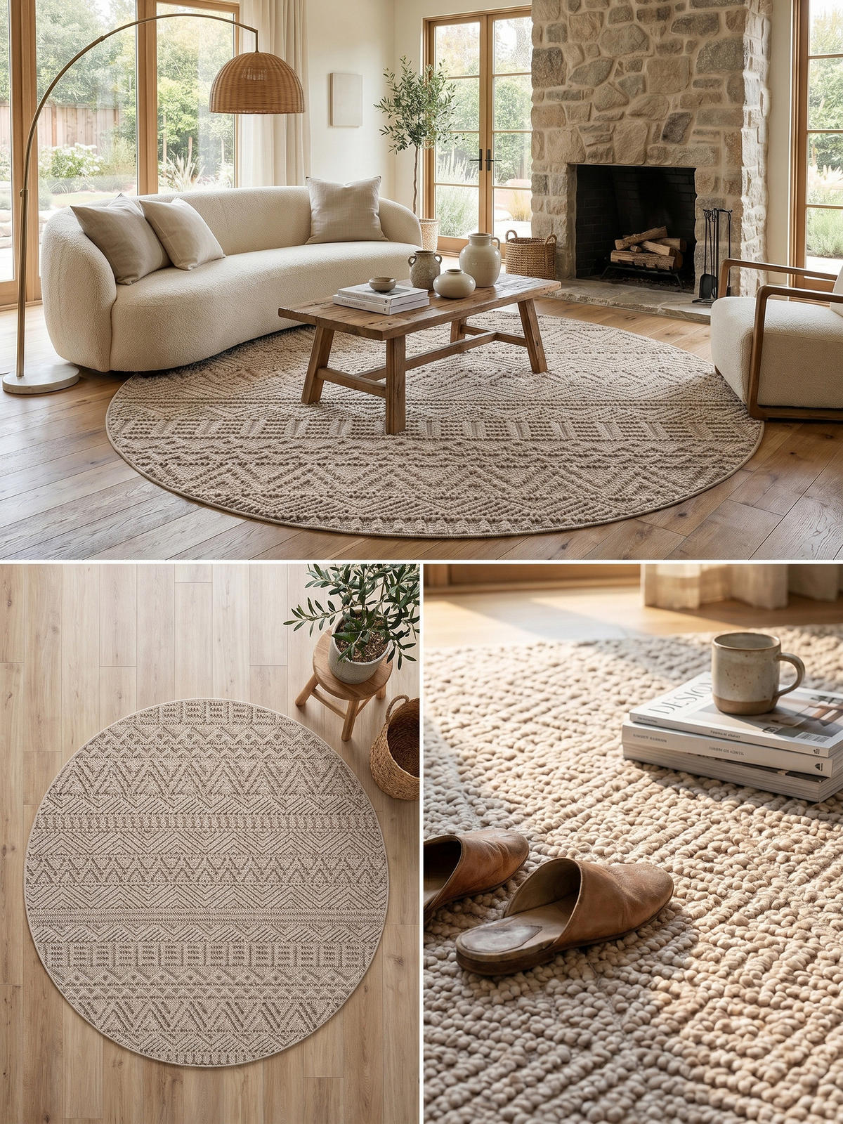 TEPPICH Flachgewebe LANGAU in Beige, mit Ethno-Streifen, Ø 200 cm - Beige, Textil (200/200cm) - KADIMA DESIGN