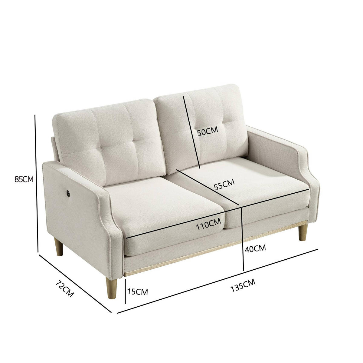 SOFA mit USB-Anschluss Stoff Beige - Beige, Holzwerkstoff (135/85/72cm) - Meubliv