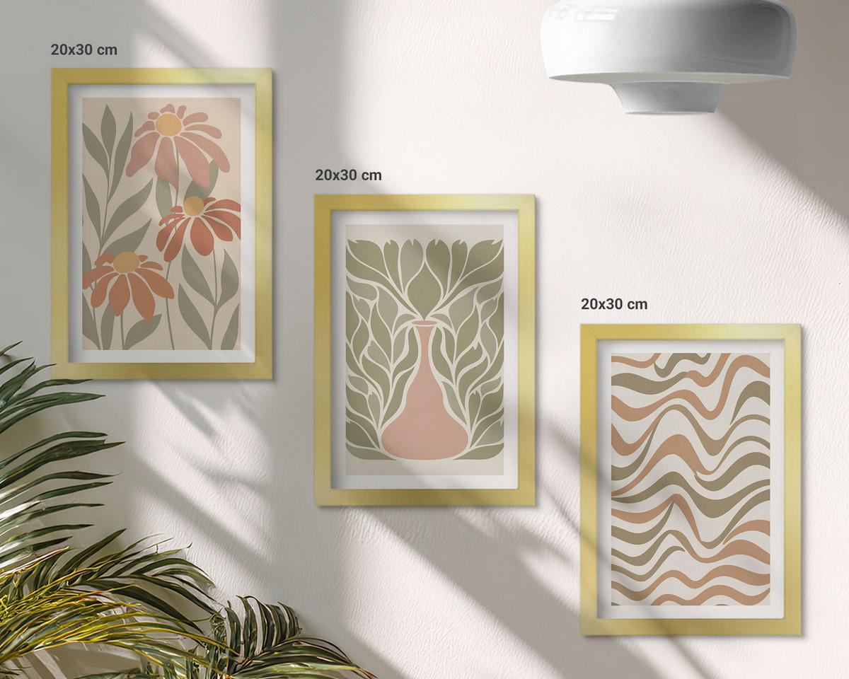 WANDBILDER 3er Set - 20x30 cm Goldrahmen - Abstrakte Pastellblumen - Goldfarben, Kunststoff (20/30cm) - ArtPrintCave