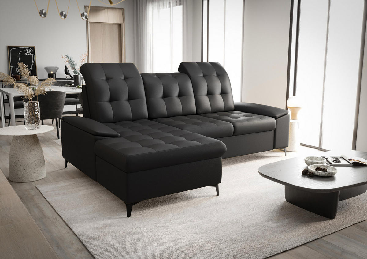 ECKSOFA KONGO RBN18, Eckcouch in L-Form mit Schlaffunktion, Farbe: Schwarz, Kunstleder, Ottomane Links - Schwarz, Textil (257/172cm) - O-Sofa